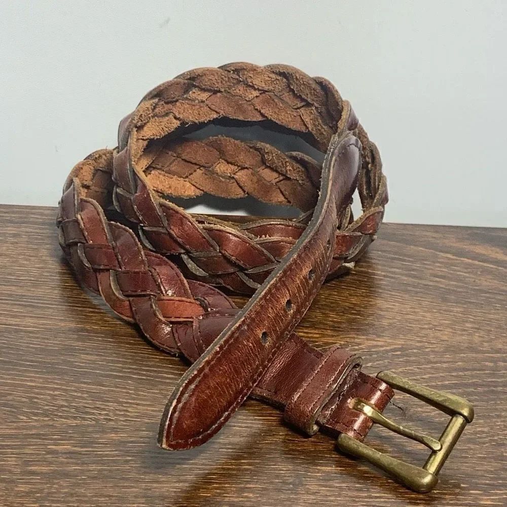 Women's Made in Uruguay Vintage Leather Woven Braided Buckle Belt Brown